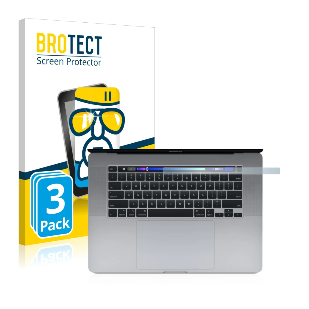Front side of a product packaging with the brand logo BROTECT. Next to it is the device Apple MacBook Pro 16