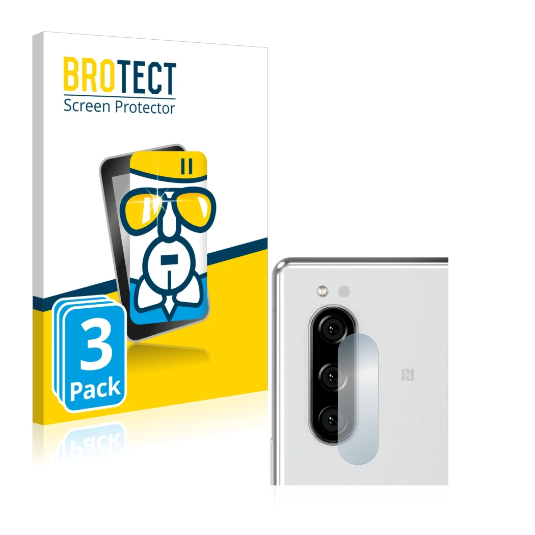 Front side of a product packaging with the brand logo BROTECT. Next to it is the device Sony Xperia 5 (ONLY Camera Lens) shown
