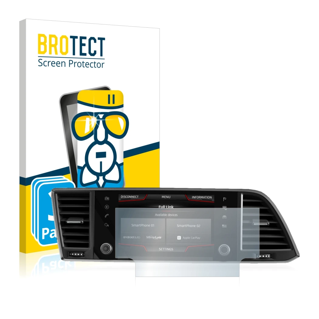 Front side of a product packaging with the brand logo BROTECT. Next to it is the device Seat Ateca 2020 Media System 6.5