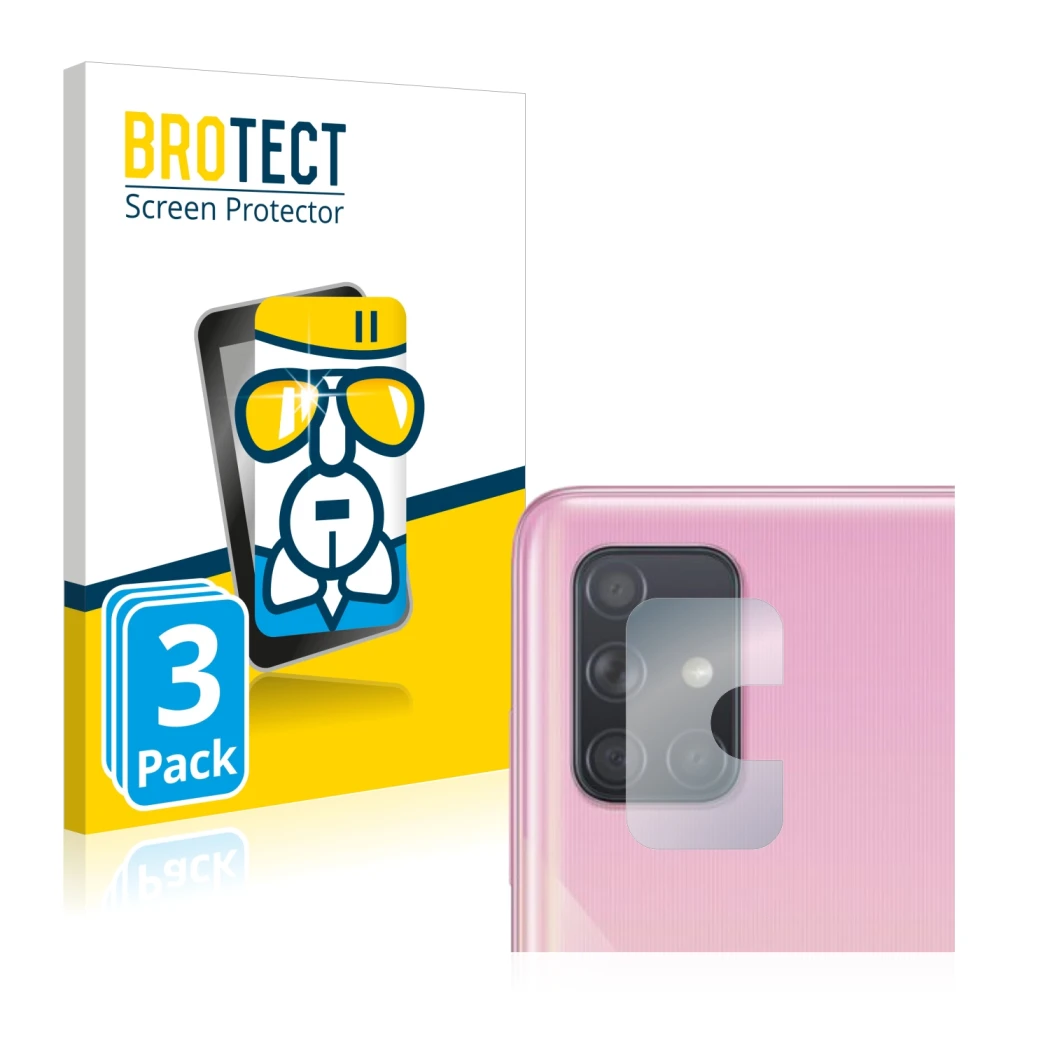 Front side of a product packaging with the brand logo BROTECT. Next to it is the device Samsung Galaxy A71 (ONLY Camera Lens) 