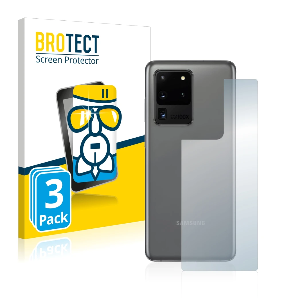 Front side of a product packaging with the brand logo BROTECT. Next to it is the device Samsung Galaxy S20 Ultra (Back) shown 