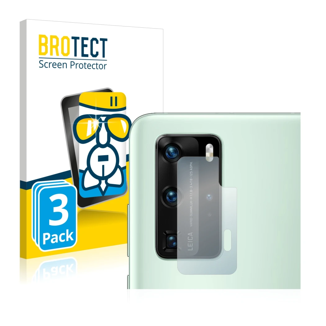 Front side of a product packaging with the brand logo BROTECT. Next to it is the device Huawei P40 Pro (ONLY Camera Lens) show