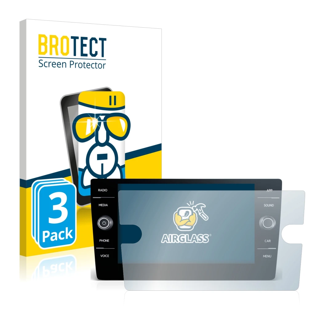 Front side of a product packaging with the brand logo BROTECT. Next to it is the device Volkswagen Golf 2017-2019 Discover Med