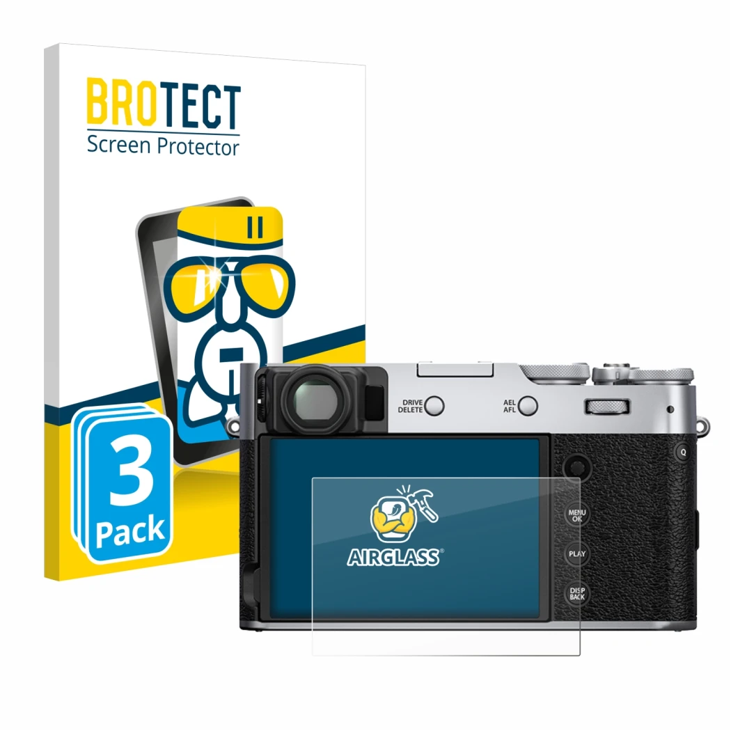 Front side of a product packaging with the brand logo BROTECT. Next to it is the device Fujifilm X100V shown with the correspo