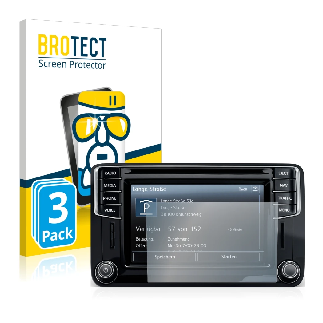 Front side of a product packaging with the brand logo BROTECT. Next to it is the device Volkswagen Caddy 2015 Discover Media 6