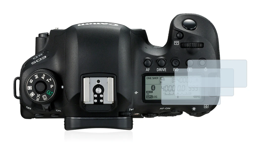Image of the device Canon EOS 6D (top plate display) with a wide variety of screen protectors.