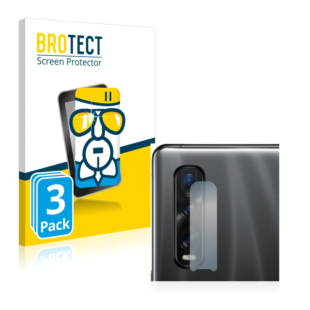Front side of a product packaging with the brand logo BROTECT. Next to it is the device Oppo Find X2 Pro (ONLY Camera Lens) sh