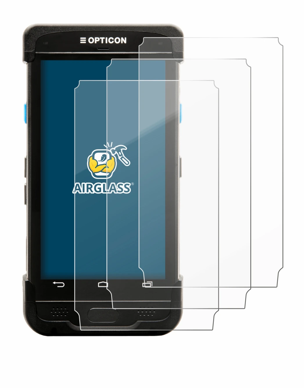 Image of the device Opticon H-31 with a wide variety of screen protectors.