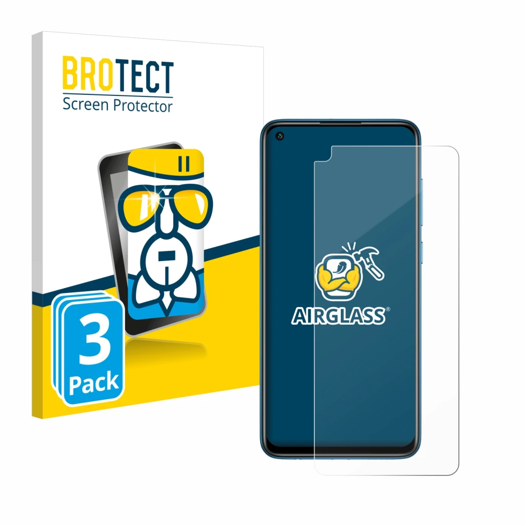 Front side of a product packaging with the brand logo BROTECT. Next to it is the device Xiaomi Redmi Note 9 shown with the cor