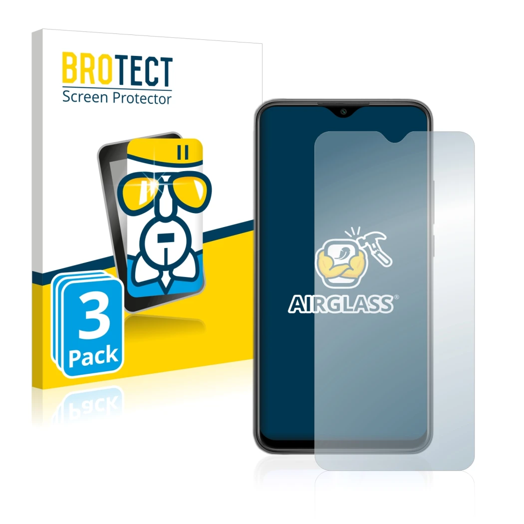 Front side of a product packaging with the brand logo BROTECT. Next to it is the device Xiaomi Redmi 9 shown with the correspo