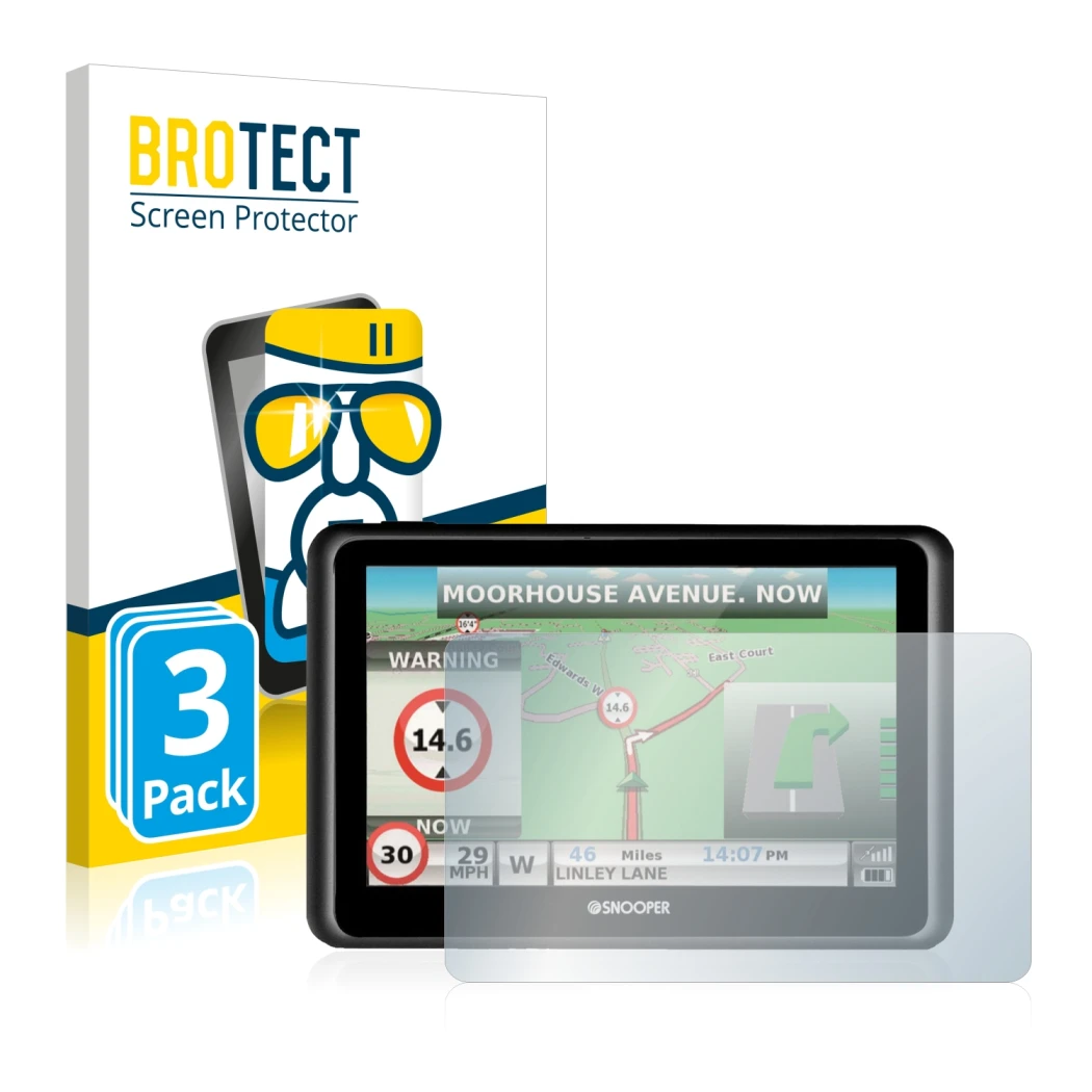 Front side of a product packaging with the brand logo BROTECT. Next to it is the device Snooper Truckmate S6900 shown with the