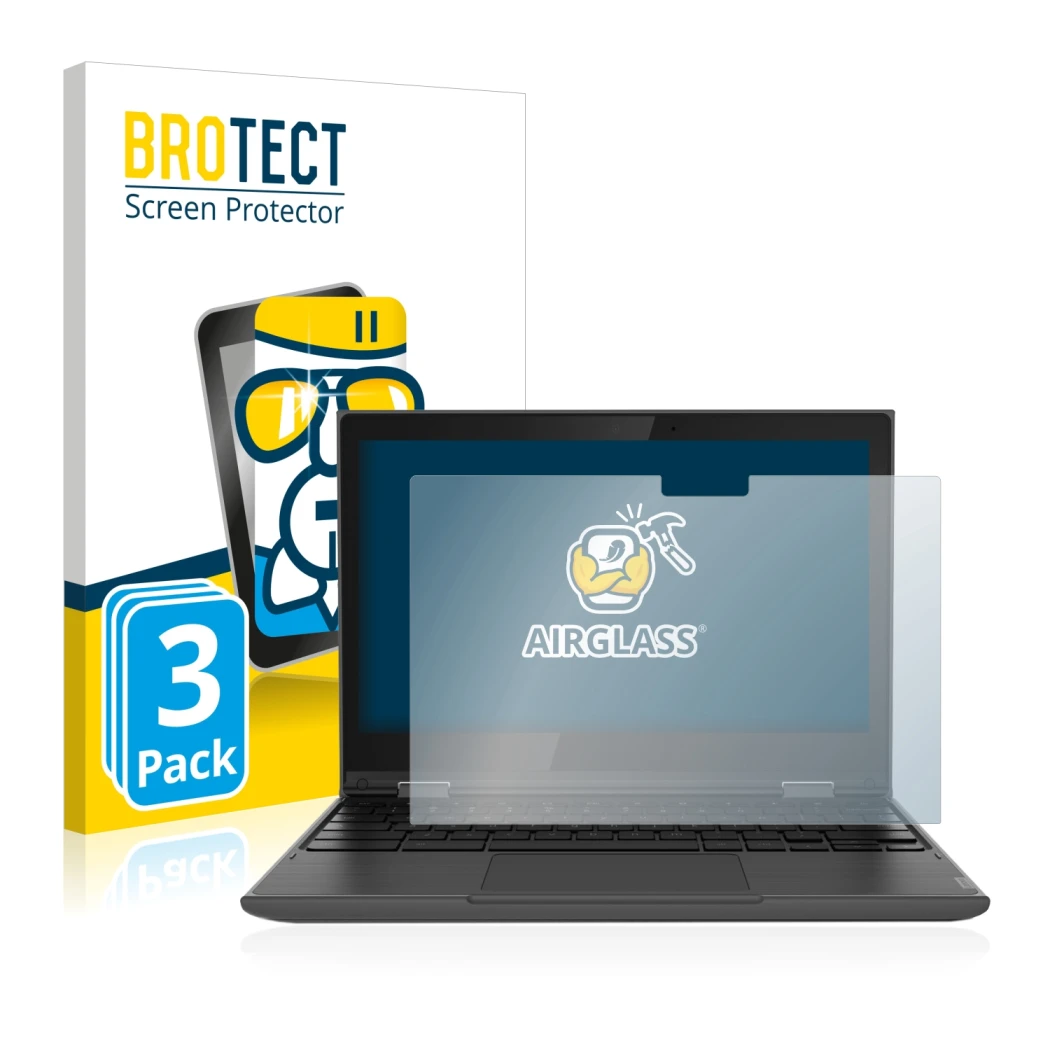 Front side of a product packaging with the brand logo BROTECT. Next to it is the device Lenovo 300e (2nd Gen.) shown with the 