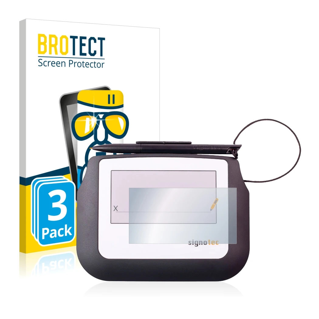 Front side of a product packaging with the brand logo BROTECT. Next to it is the device Signotec Signature Sigma Lite shown wi
