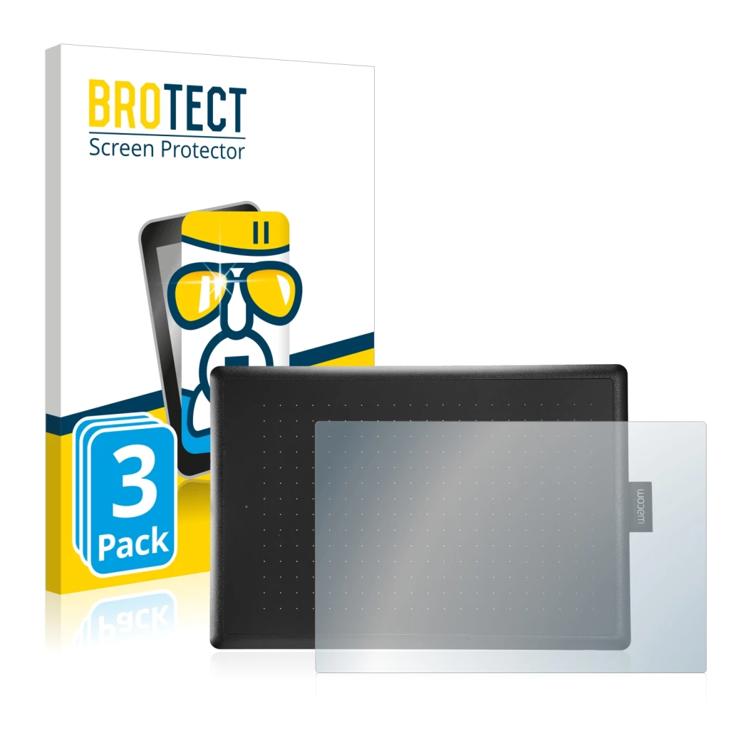 Front side of a product packaging with the brand logo BROTECT. Next to it is the device Wacom One Medium shown with the corres