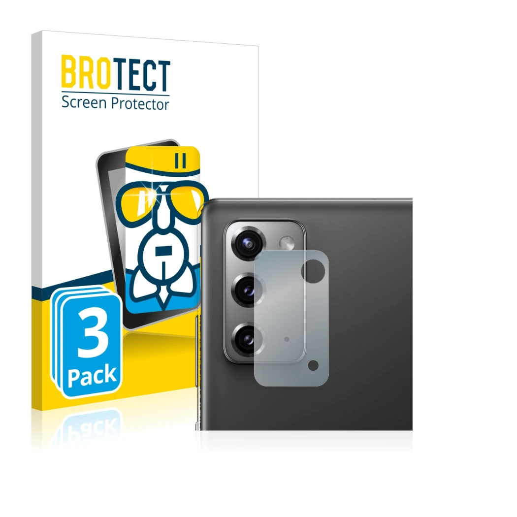 Front side of a product packaging with the brand logo BROTECT. Next to it is the device Samsung Galaxy Note 20 5G (ONLY Camera