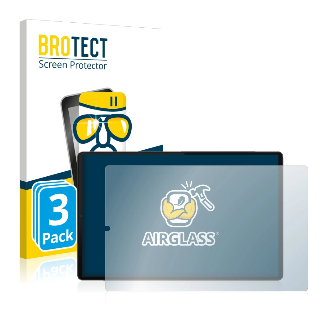 Front side of a product packaging with the brand logo BROTECT. Next to it is the device Lenovo Tab M10 FHD Plus (Landscape) sh