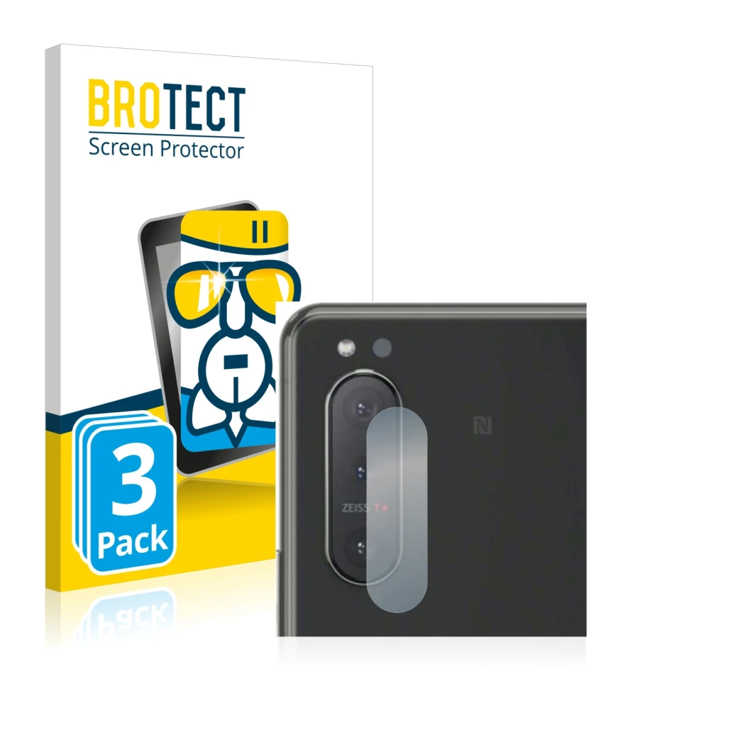 Front side of a product packaging with the brand logo BROTECT. Next to it is the device Sony Xperia 5 II (ONLY Camera Lens) sh
