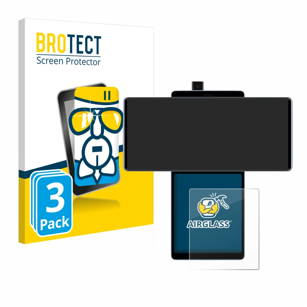 Front side of a product packaging with the brand logo BROTECT. Next to it is the device LG Wing (Back display) shown with the