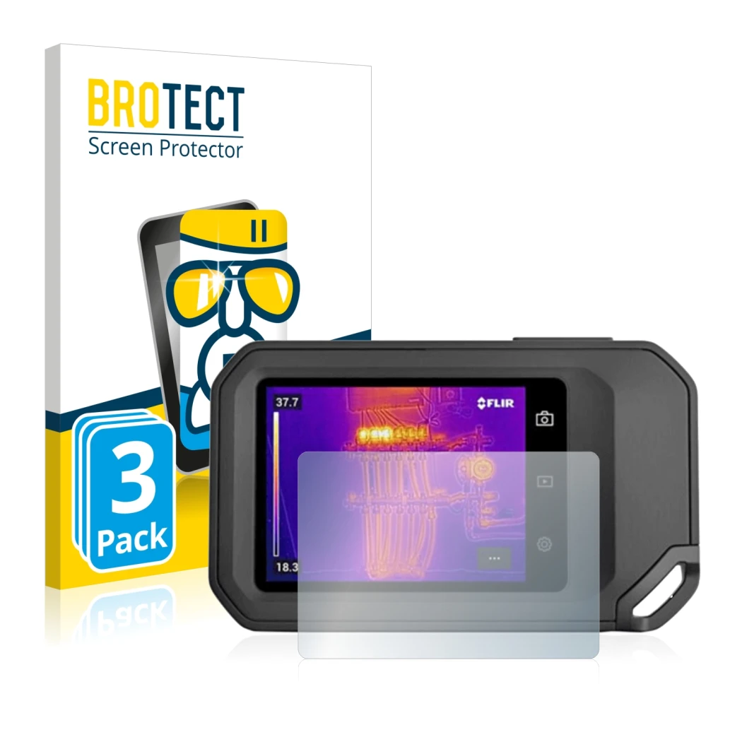 Front side of a product packaging with the brand logo BROTECT. Next to it is the device Flir C5 shown with the corresponding s