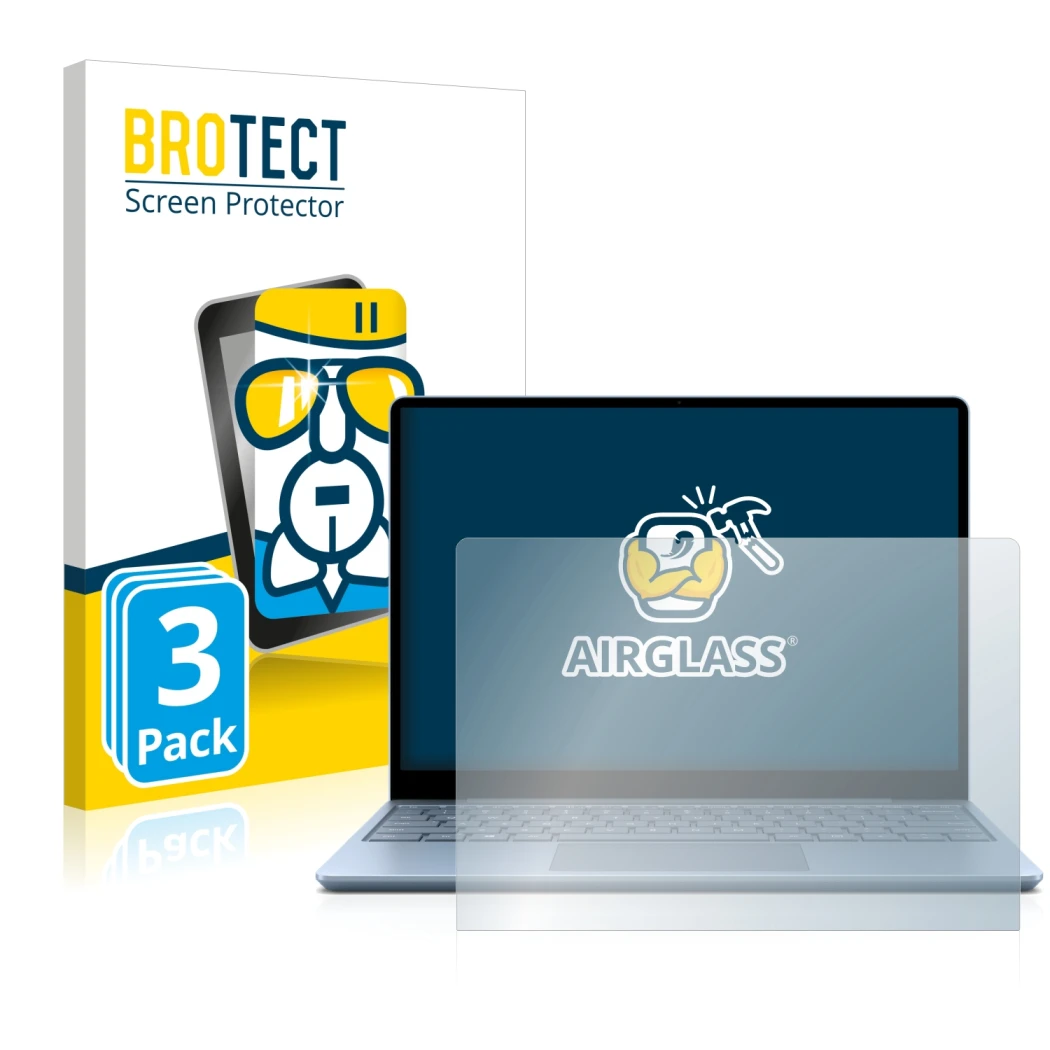 Front side of a product packaging with the brand logo BROTECT. Next to it is the device Microsoft Surface Laptop Go shown with