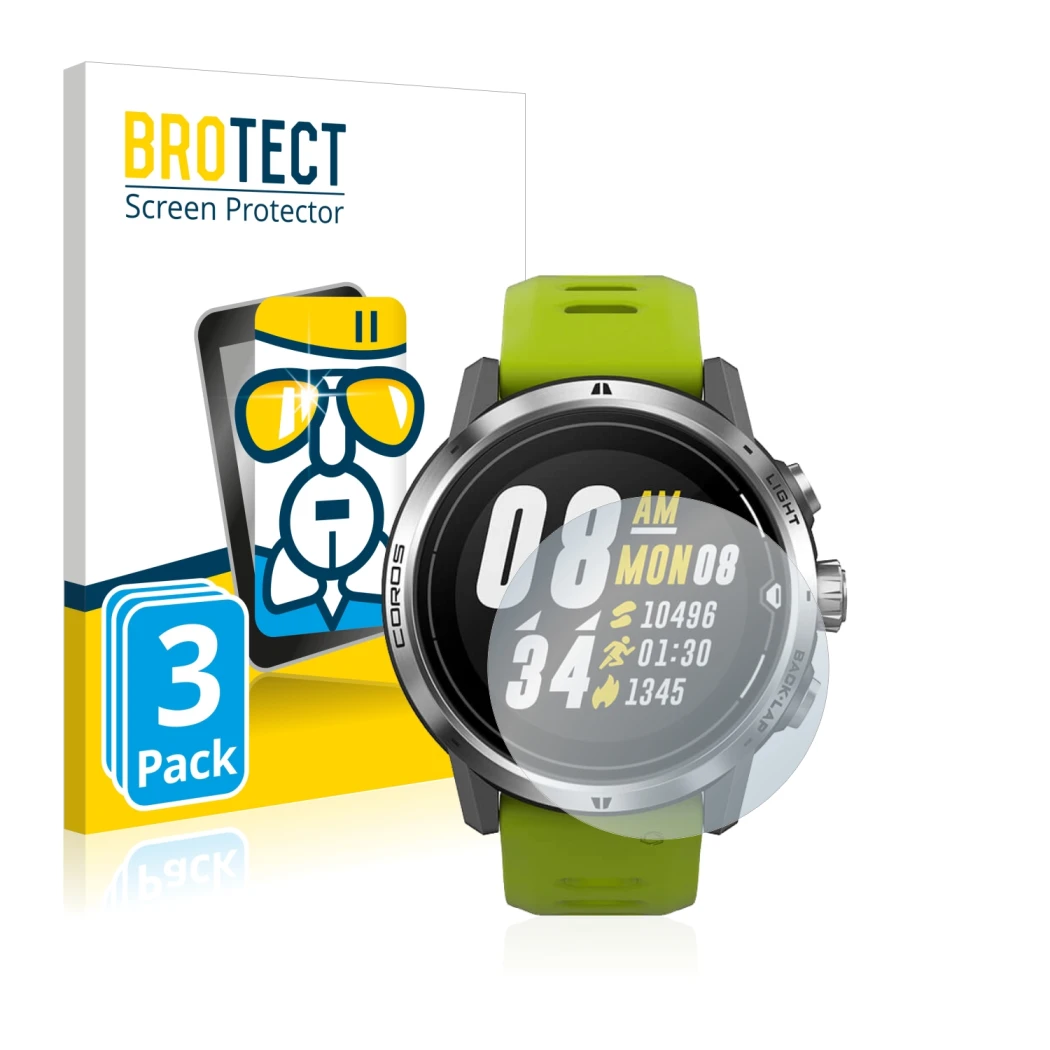 Front side of a product packaging with the brand logo BROTECT. Next to it is the device Coros Apex Pro shown with the correspo
