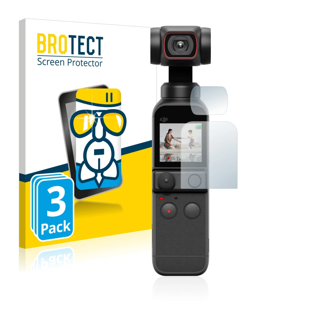 Front side of a product packaging with the brand logo BROTECT. Next to it is the device DJI Osmo Pocket 2 (Display + Lens) sho