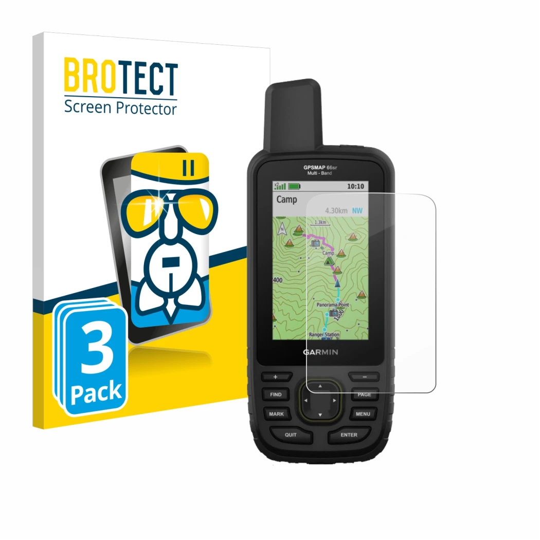 Front side of a product packaging with the brand logo BROTECT. Next to it is the device Garmin GPSMAP 66sr shown with the corr