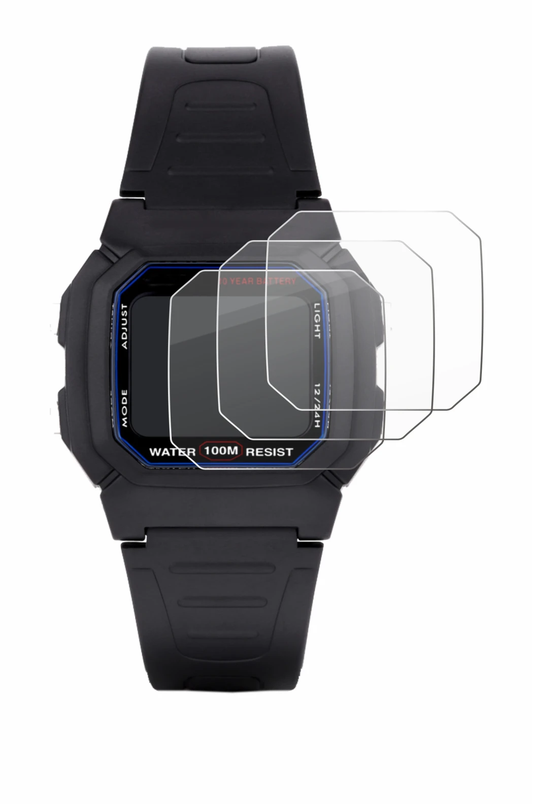 Image of the device Casio W-800H-1AVES with a wide variety of screen protectors.