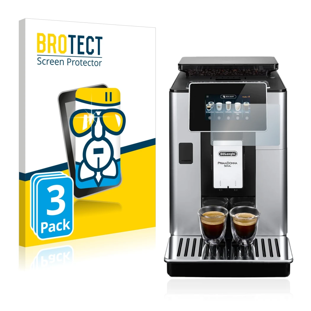 Front side of a product packaging with the brand logo BROTECT. Next to it is the device DeLonghi PrimaDonna Soul ECAM610.74.MB