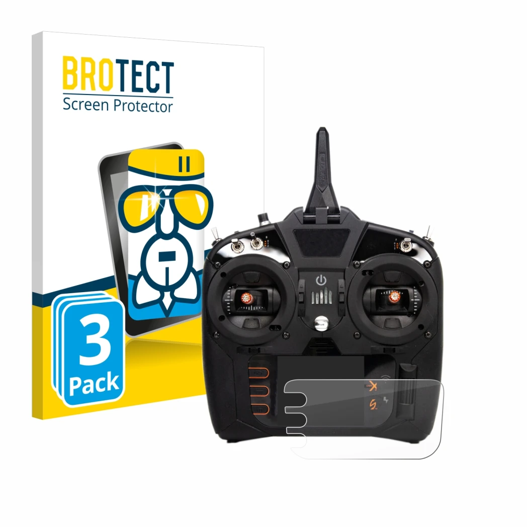 Front side of a product packaging with the brand logo BROTECT. Next to it is the device Spektrum NX8 shown with the correspond