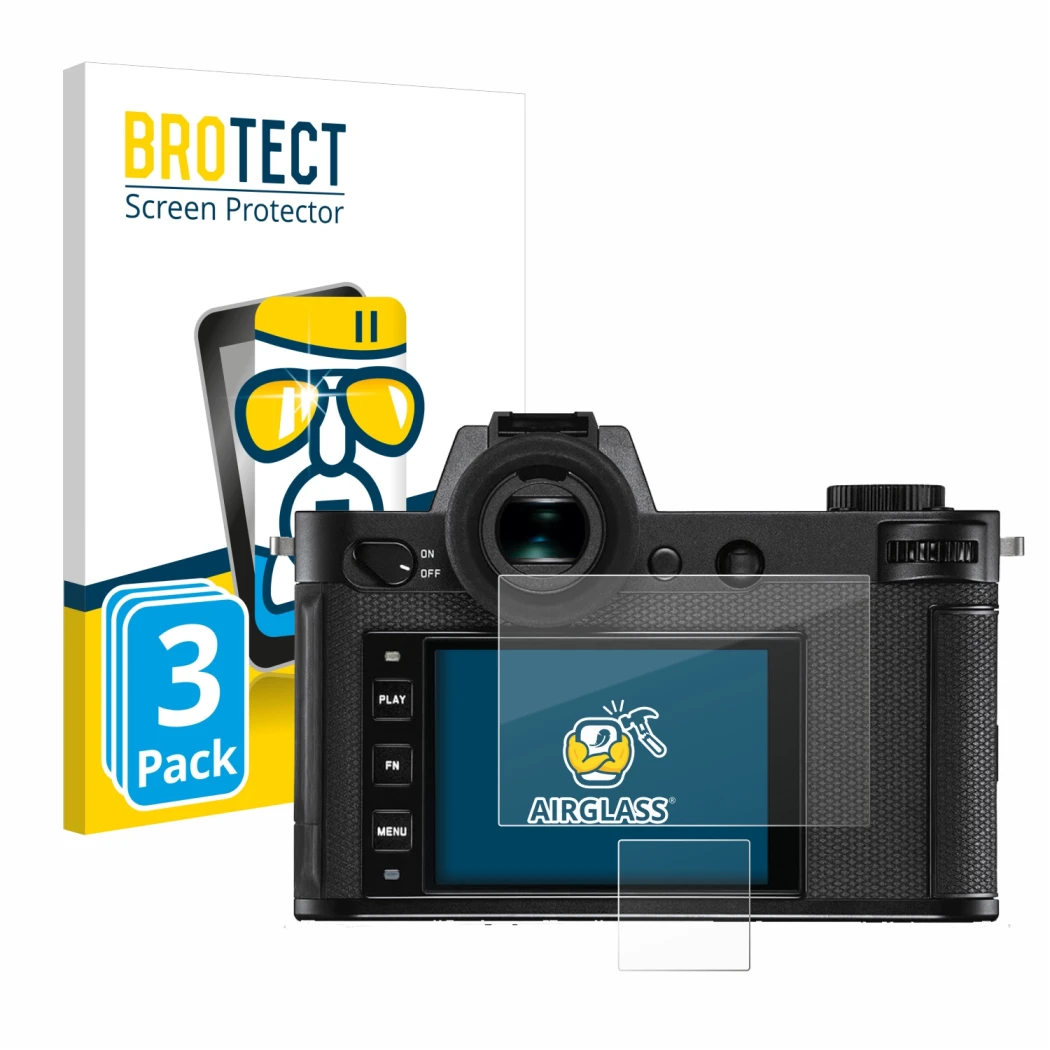 Front side of a product packaging with the brand logo BROTECT. Next to it is the device Leica SL2-S shown with the correspondi