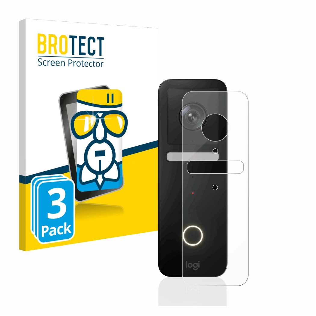 Front side of a product packaging with the brand logo BROTECT. Next to it is the device Logitech Circle View Doorbell shown wi
