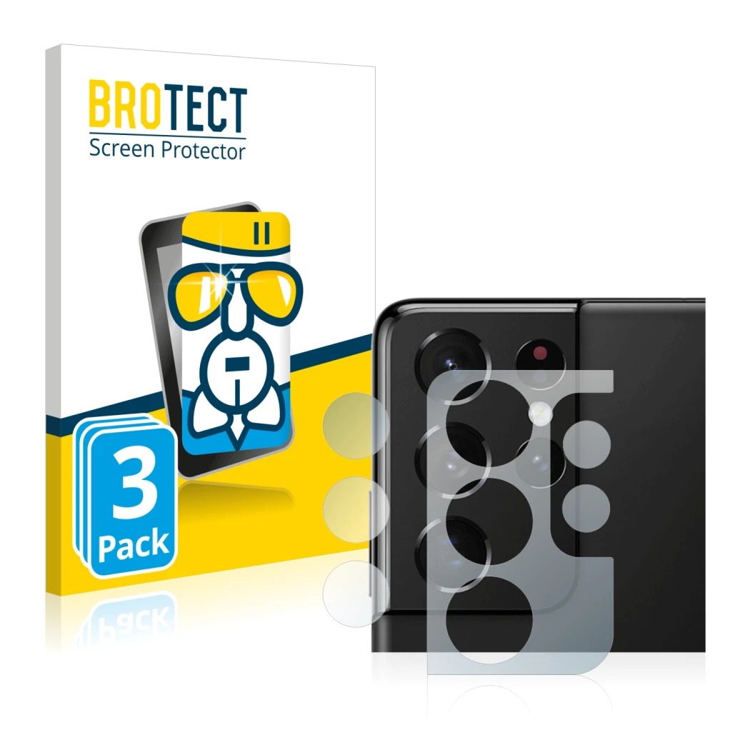 Front side of a product packaging with the brand logo BROTECT. Next to it is the device Samsung Galaxy S21 Ultra 5G (ONLY Came