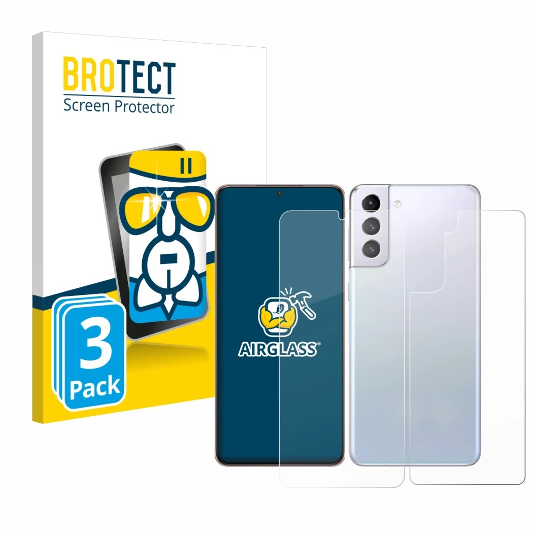 Front side of a product packaging with the brand logo BROTECT. Next to it is the device Samsung Galaxy S21 Plus 5G (Front+Back