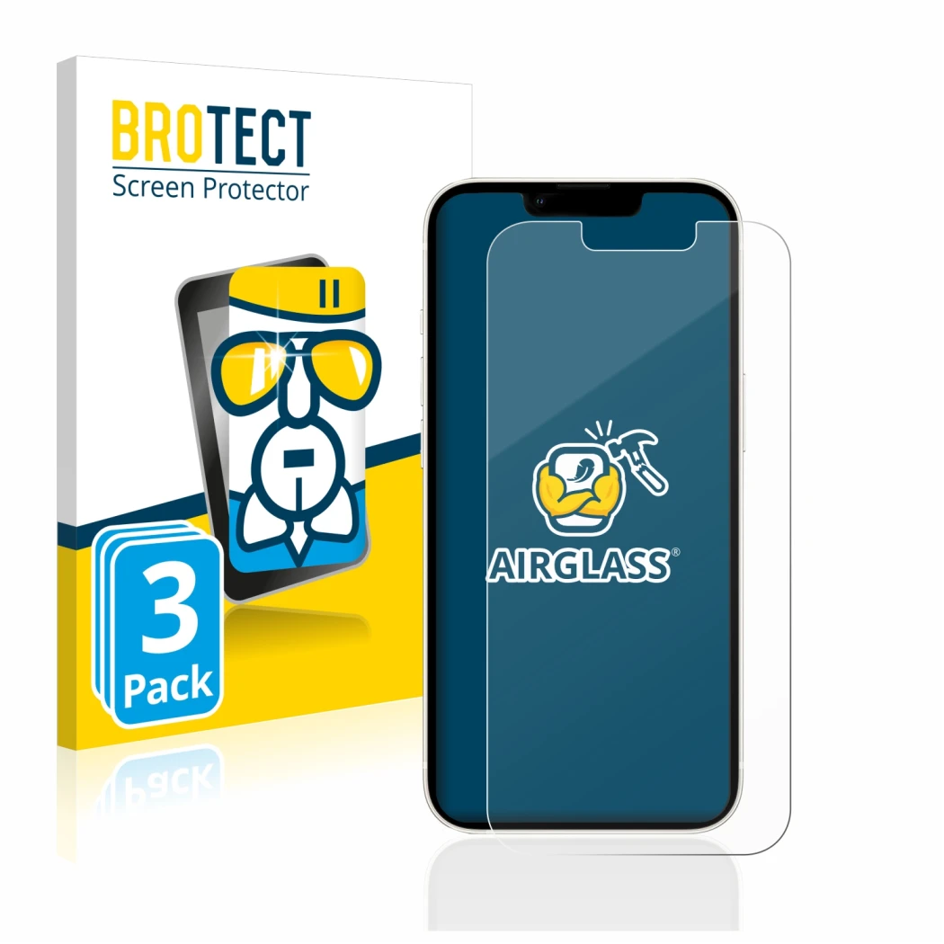 Front side of a product packaging with the brand logo BROTECT. Next to it is the device Apple iPhone 13 shown with the corresp
