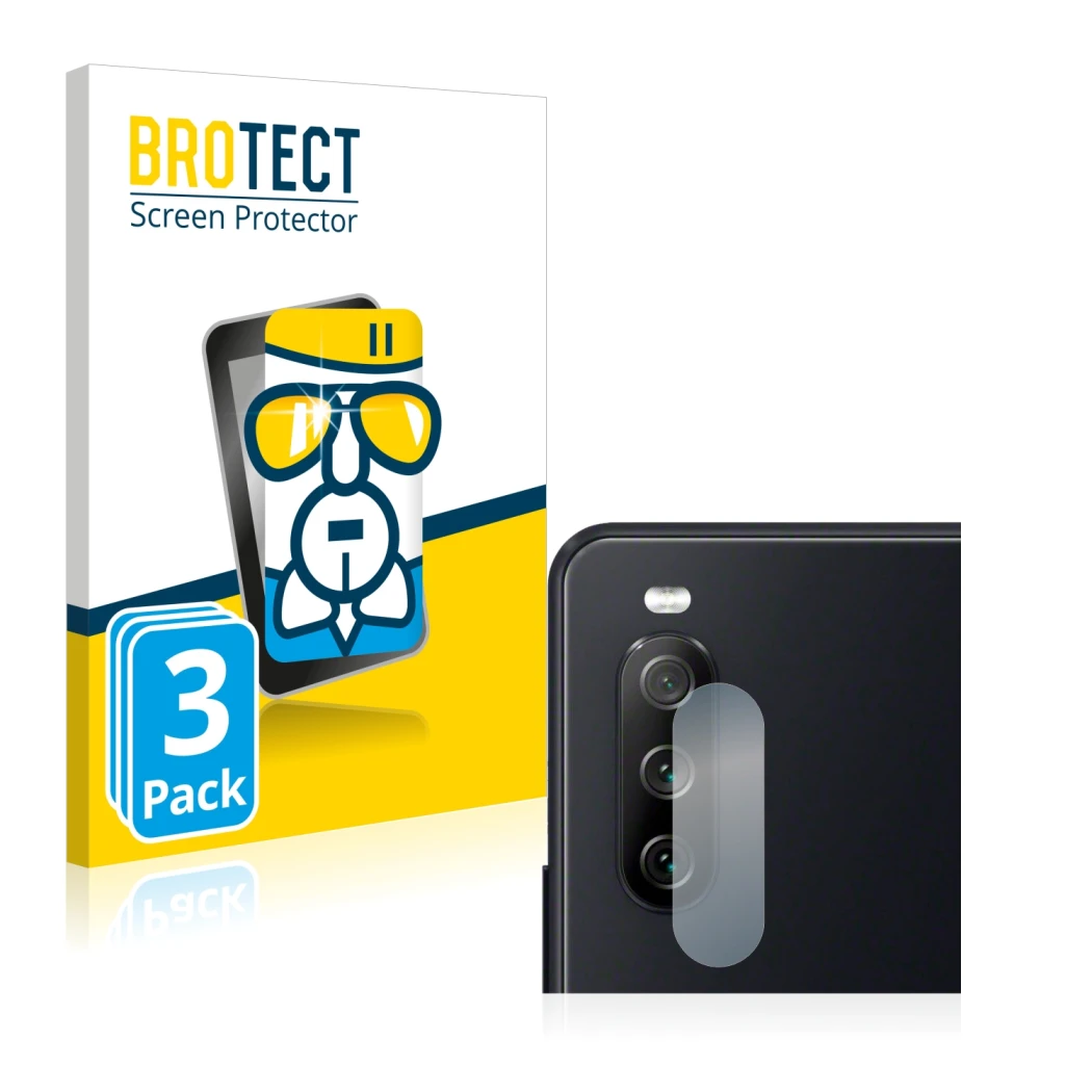 Front side of a product packaging with the brand logo BROTECT. Next to it is the device Sony Xperia 10 III (ONLY Camera Lens)