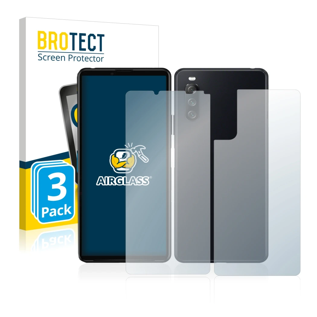 Front side of a product packaging with the brand logo BROTECT. Next to it is the device Sony Xperia 10 III (Front+Back) shown