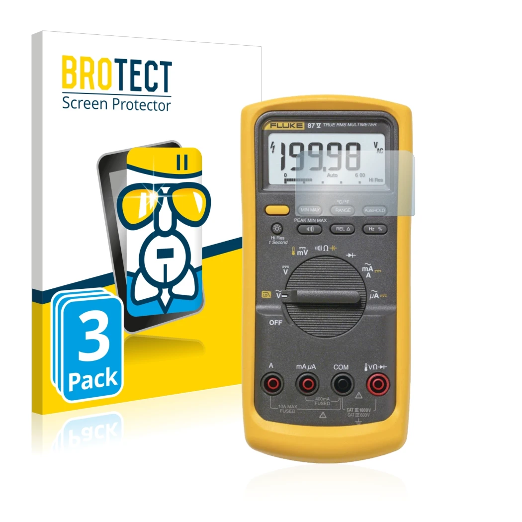 Front side of a product packaging with the brand logo BROTECT. Next to it is the device Fluke 87v shown with the corresponding
