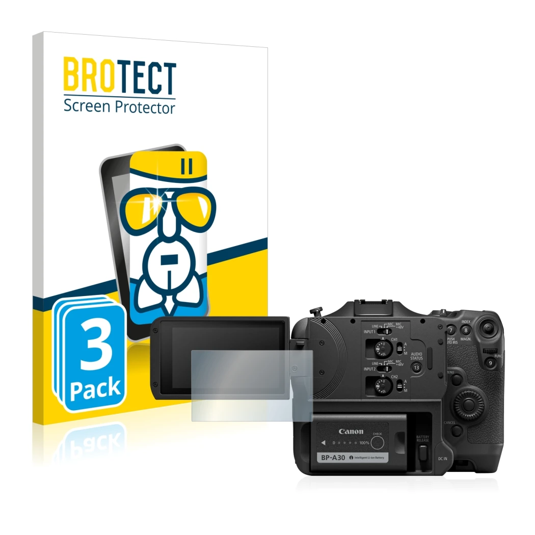 Front side of a product packaging with the brand logo BROTECT. Next to it is the device Canon EOS C70 shown with the correspon