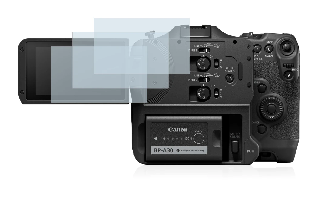 Image of the device Canon EOS C70 with a wide variety of screen protectors.