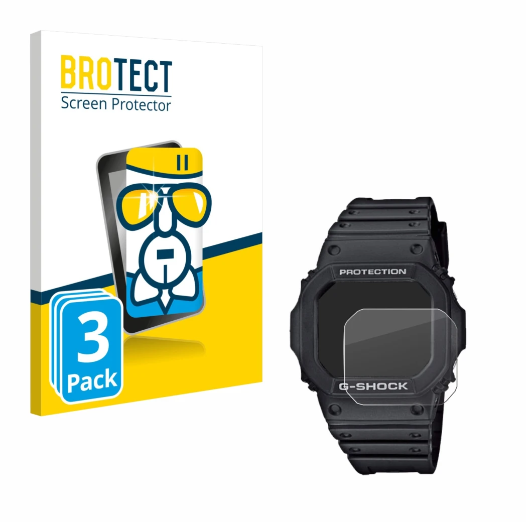 Front side of a product packaging with the brand logo BROTECT. Next to it is the device Casio G-Shock GW-M5610-1ER shown with 