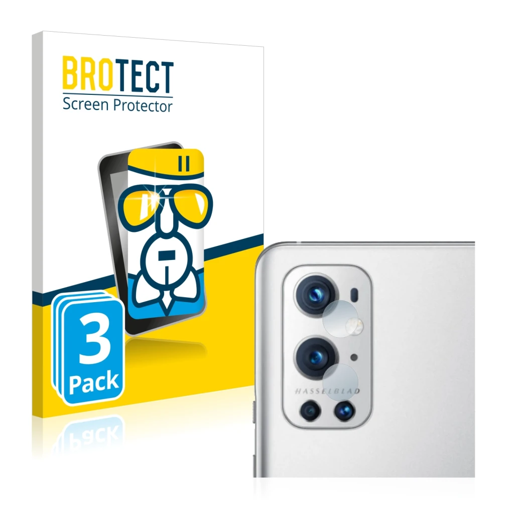 Front side of a product packaging with the brand logo BROTECT. Next to it is the device OnePlus 9 Pro (ONLY Camera Lens) shown