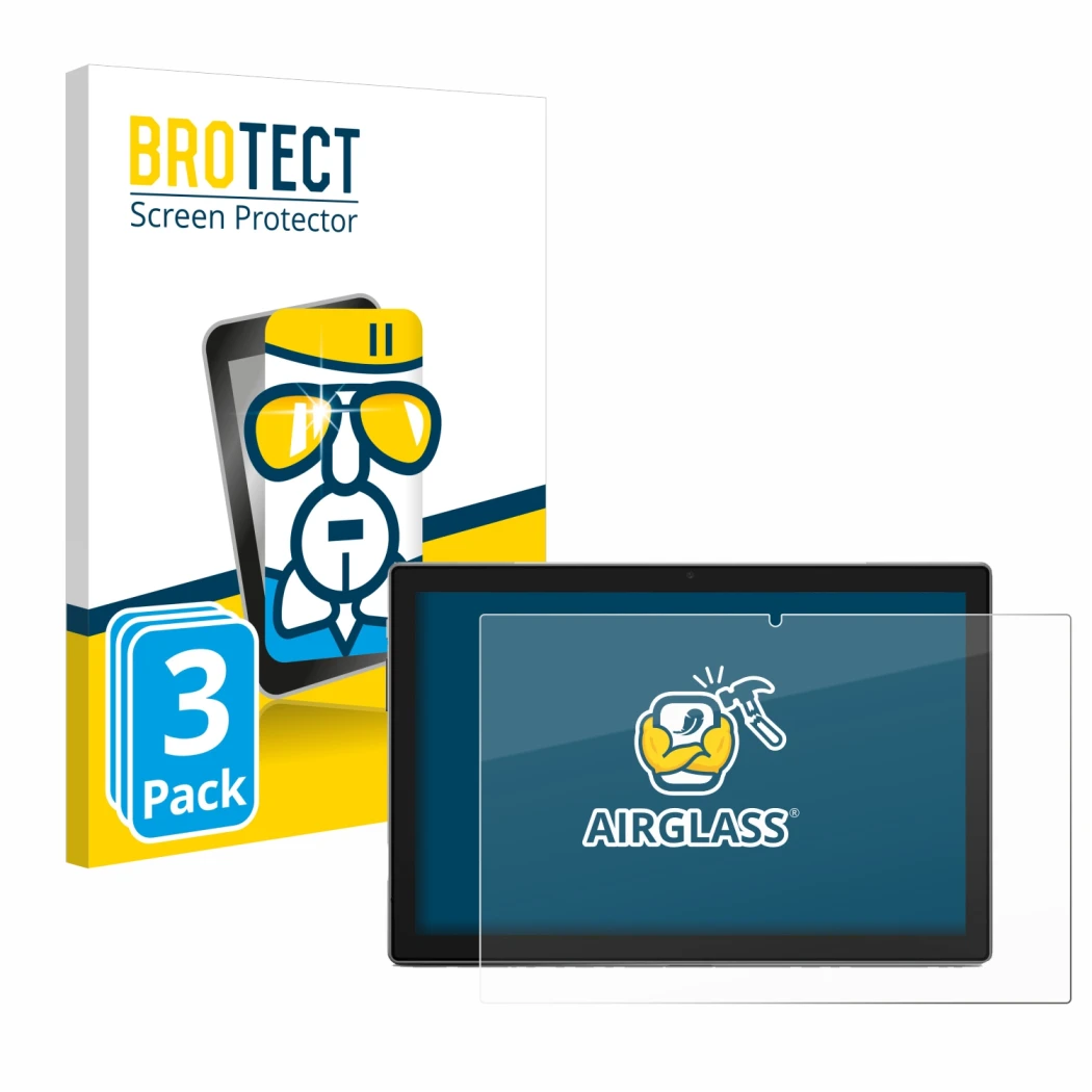 Front side of a product packaging with the brand logo BROTECT. Next to it is the device Blackview Tab 9 shown with the corresp