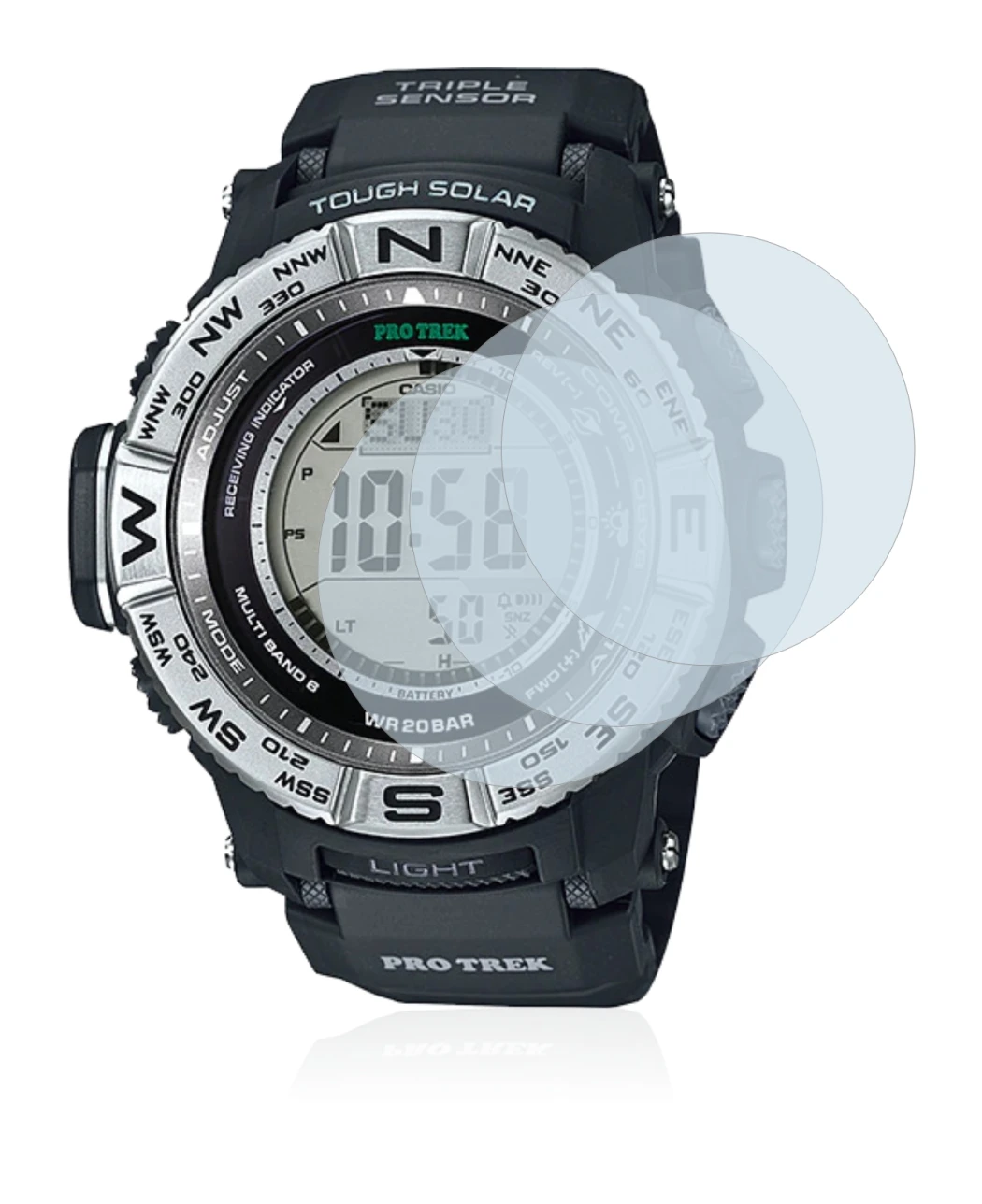 Image of the device Casio Pro Trek PRW-3500-1 with a wide variety of screen protectors.