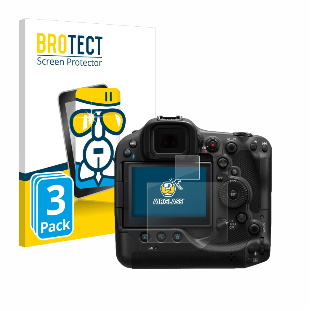 Front side of a product packaging with the brand logo BROTECT. Next to it is the device Canon EOS R3 shown with the correspond