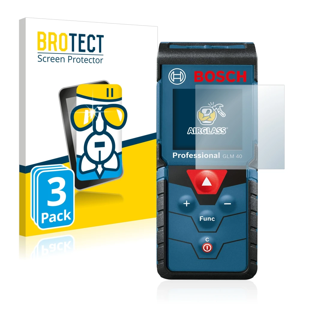 Front side of a product packaging with the brand logo BROTECT. Next to it is the device Bosch GLM 40 Professional shown with t