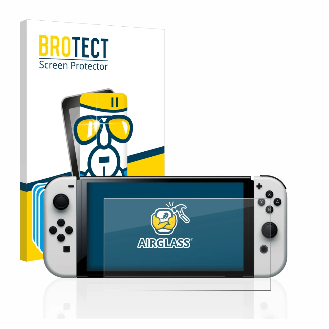 Front side of a product packaging with the brand logo BROTECT. Next to it is the device Nintendo Switch OLED-Modell shown with