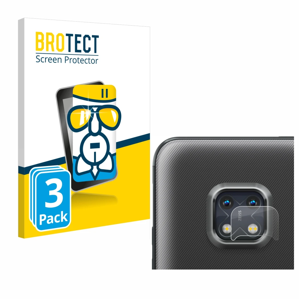 Front side of a product packaging with the brand logo BROTECT. Next to it is the device Nokia XR20 (ONLY Camera Lens) shown wi
