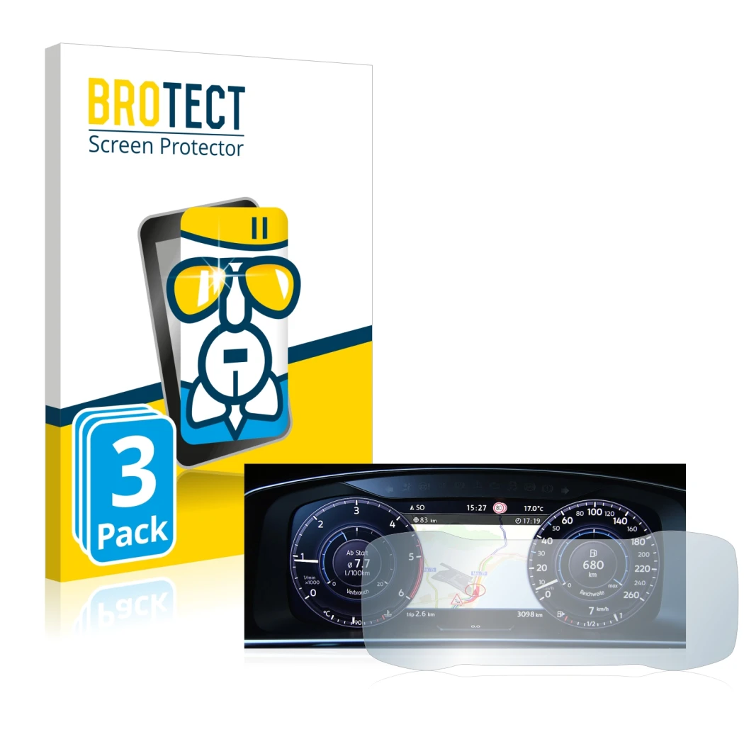 Front side of a product packaging with the brand logo BROTECT. Next to it is the device Volkswagen Golf 7 Facelift (2016-2019)