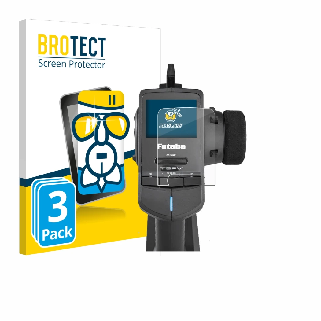 Front side of a product packaging with the brand logo BROTECT. Next to it is the device Futaba T3PV shown with the correspondi